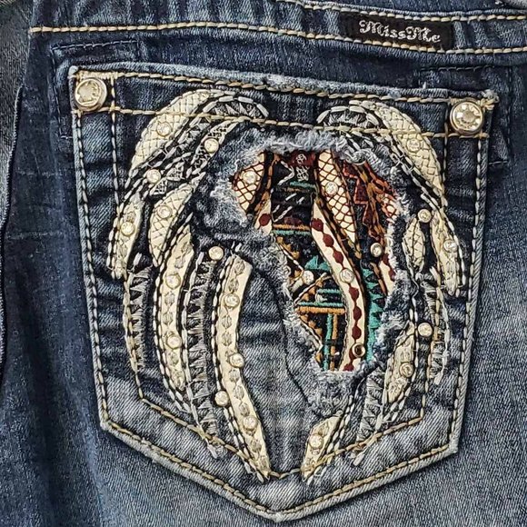 Miss Me Womens Easy Skinny Jeans Blue Cuffed Embroidered Dark Wash Mid-Rise 25 - Picture 3 of 15